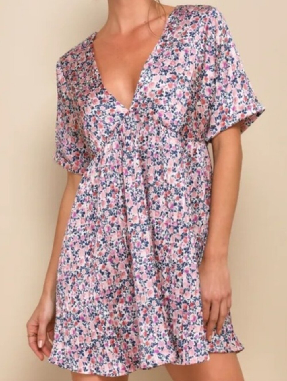 Lulu's Express Yourself Floral Pink Babydoll Mini Dress Size Med. New Some Tags